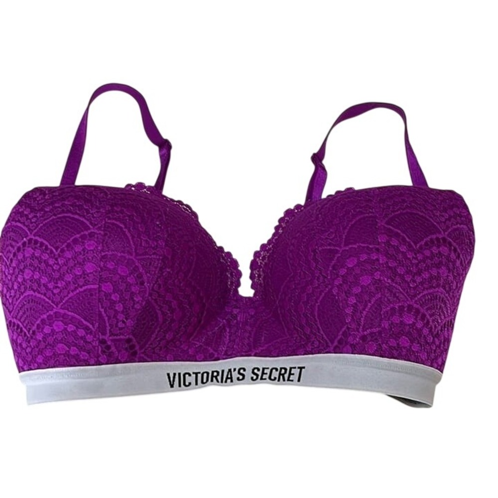 Victoria's Secret Bra‎ Lace Lined Wireless Adjustable Womens Size 34DD Purple